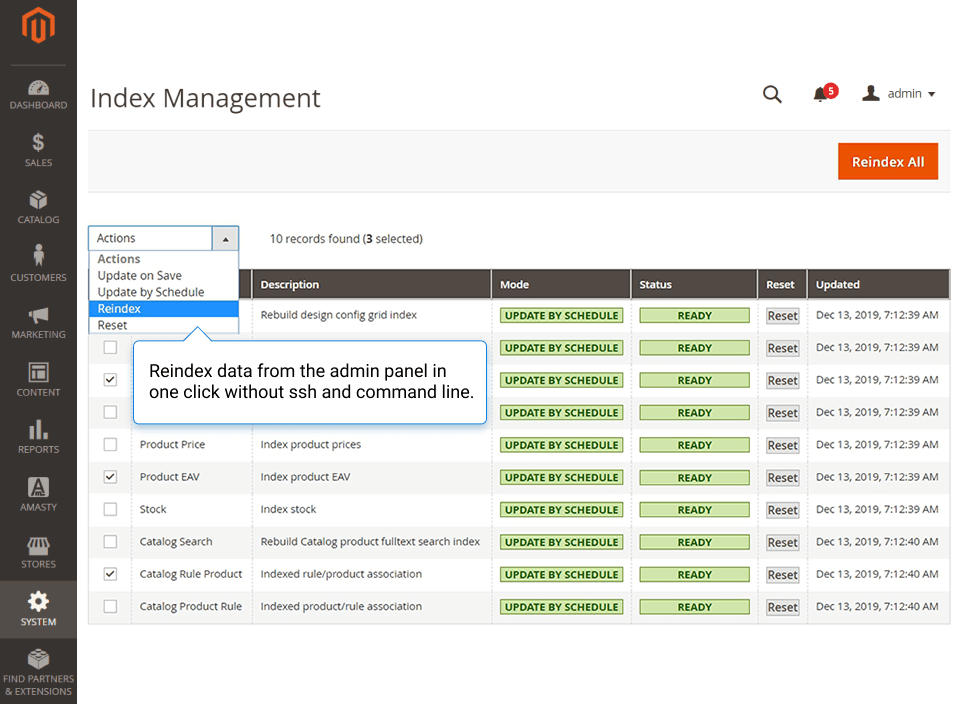 easily reindex data from the admin panel