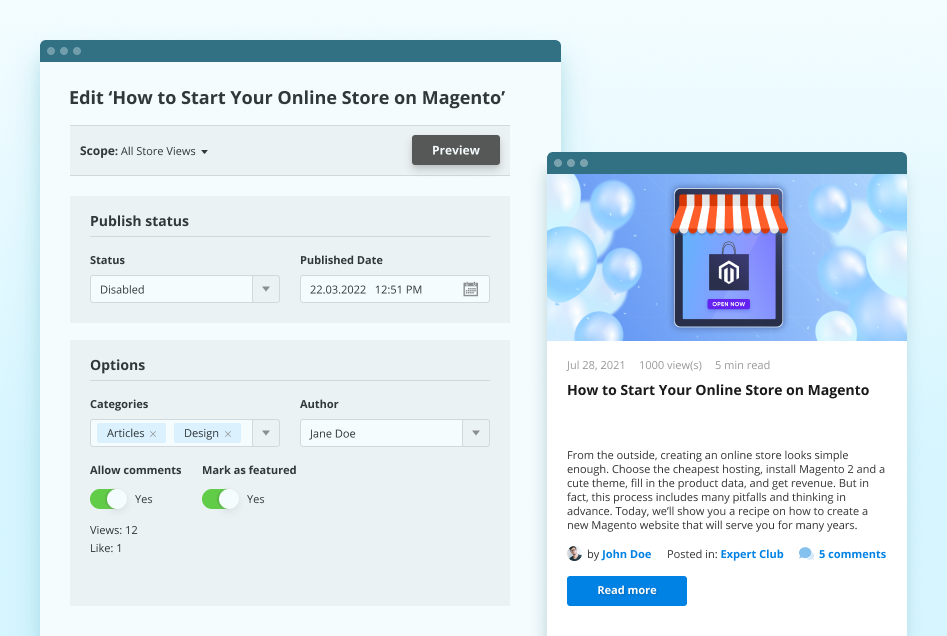 blog post display settings magento 2 blog extension