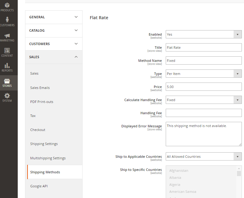 shipping method flat rate