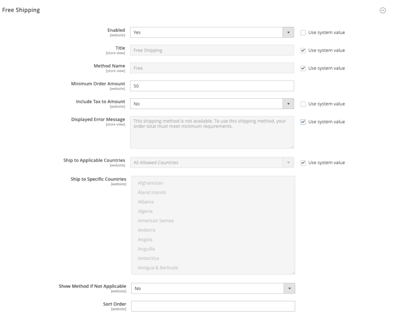 free shipping rule config