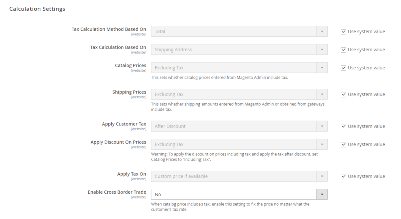 tax calculation settings