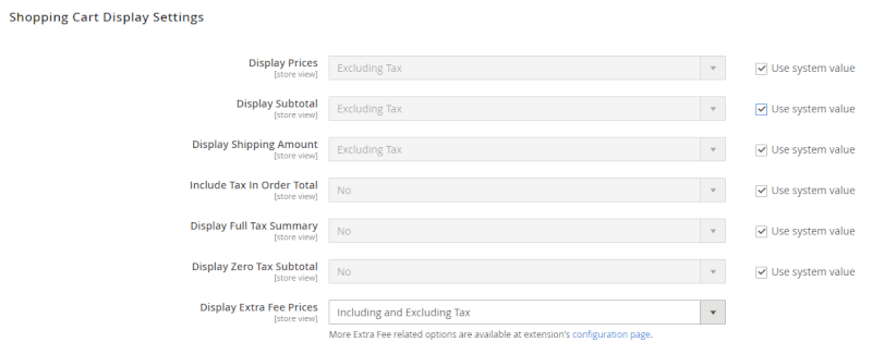 shopping cart display settings